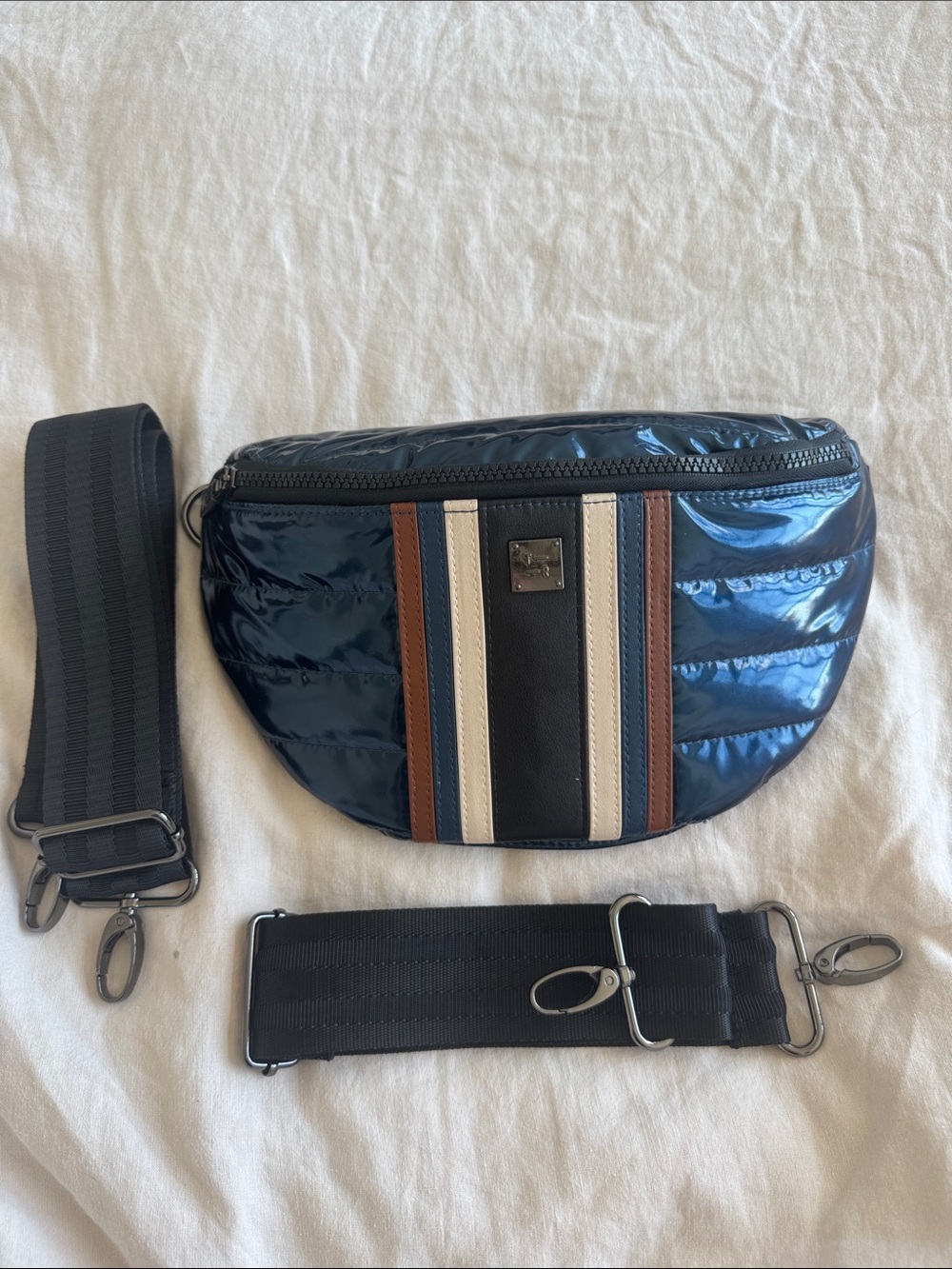 Think Royln Little Runway Handbag Shiny Blue Stripe